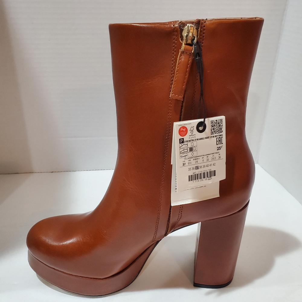 NWT Zara Camel Brown Leather Platform Booties Boots Size 6.5